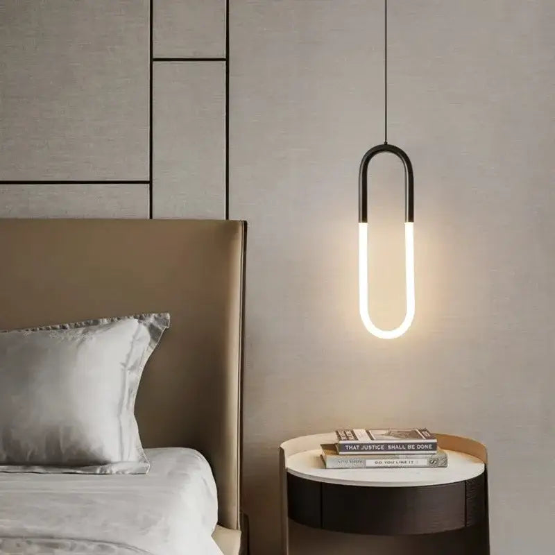 Modern black u-shaped decorbites led pendant light with glowing white tube for bedroom and living room lighting