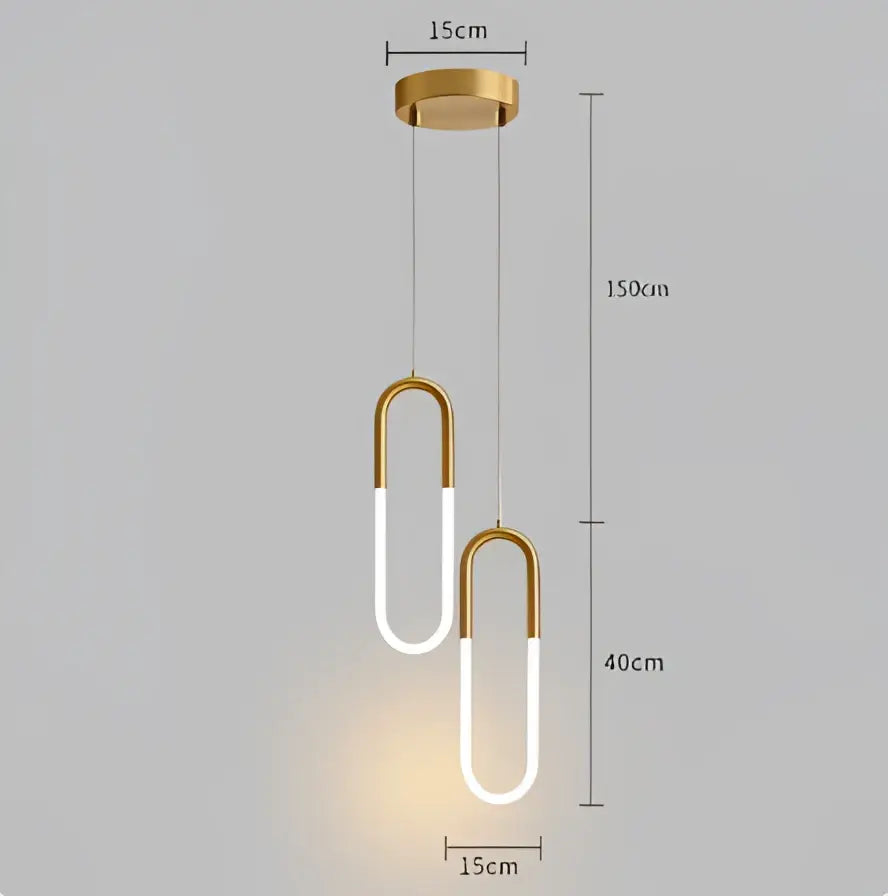 Gold-toned DecorBites LED pendant light with two curved u-shaped arms and frosted acrylic diffusers for indoor use
