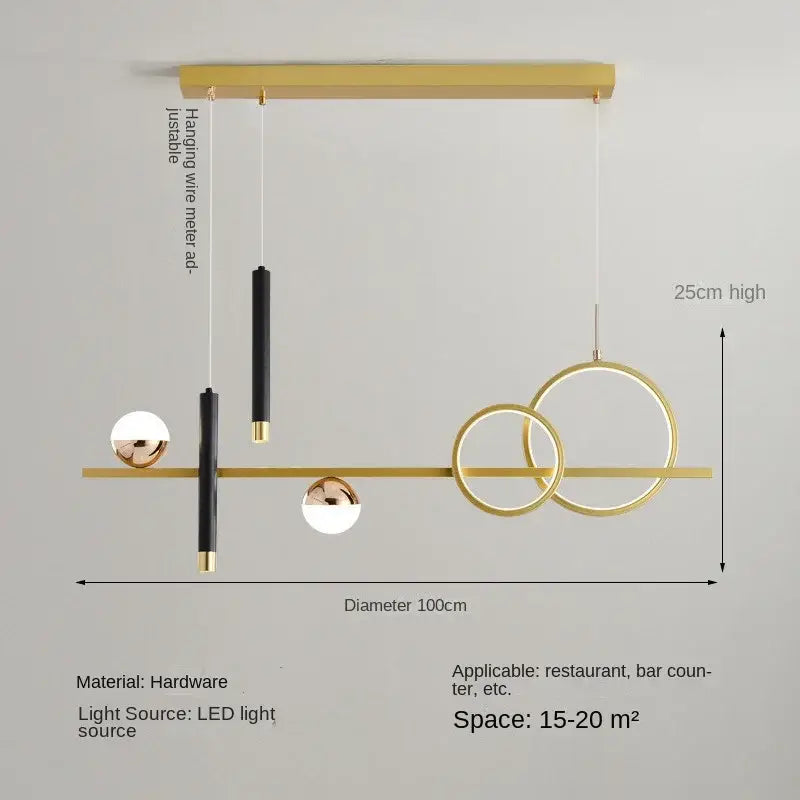 Modern gold and black geometric decorbites led pendant lights with circular rings and spheres for kitchen dining office