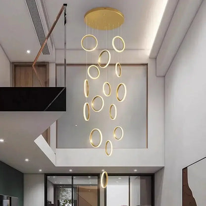 Gold-toned circular led pendant chandelier with illuminated rings by DecorBites™ for living and dining rooms
