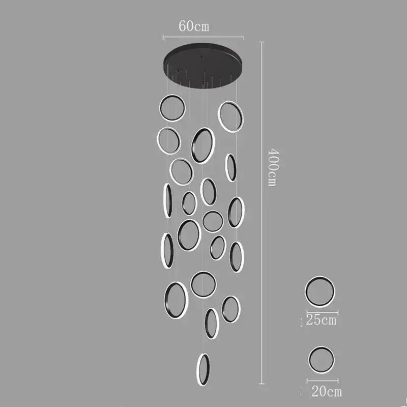 Modern black circular led pendant light fixture with multiple hanging rings for living and dining room decor