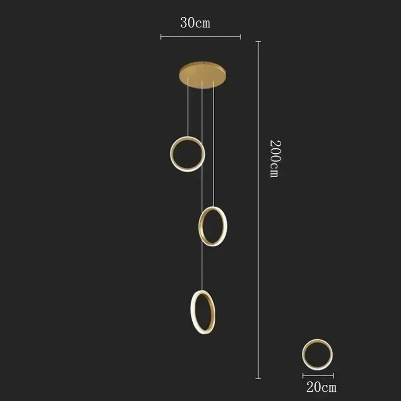 DecorBites™ modern gold-toned led pendant lights with three 20cm rings, 200cm height for living and dining rooms