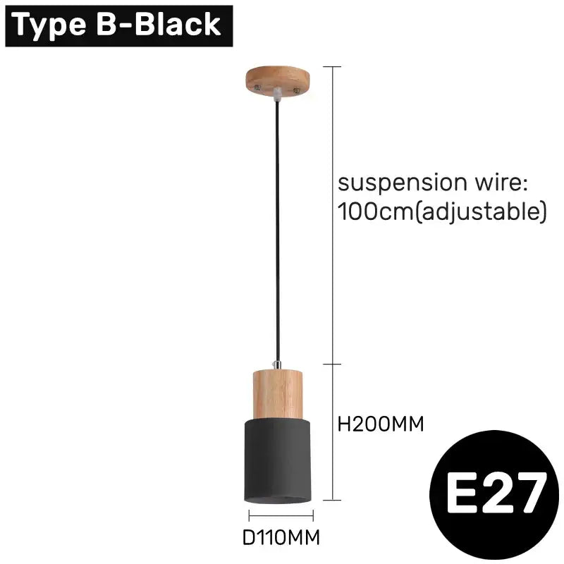 DecorBites™ led pendant light in black with natural wood caps suspended by adjustable wire for modern minimalist spaces