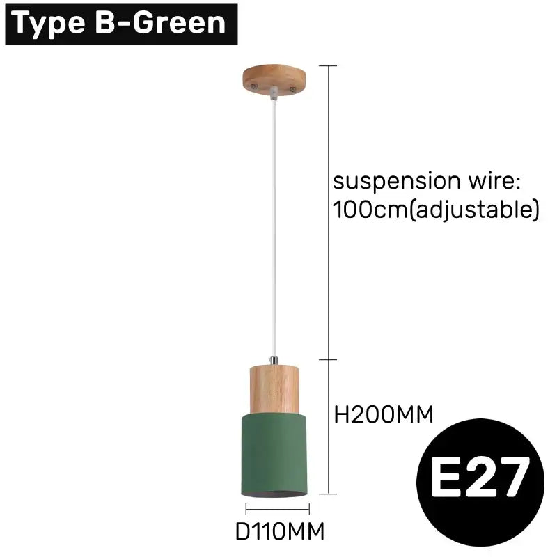 Green cylindrical led pendant light with natural wood top and adjustable white suspension wire for modern spaces
