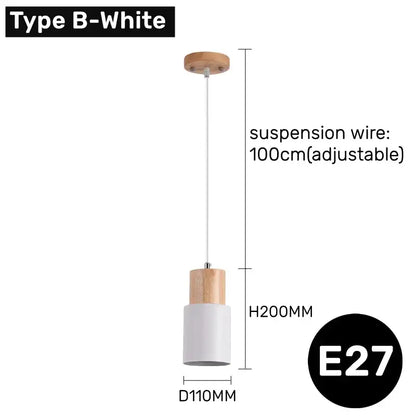 Decorbites™ led pendant light in white with natural wood accents suspended by adjustable wire for modern minimal lighting