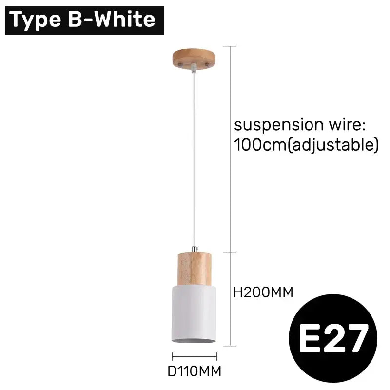 Decorbites™ led pendant light in white with natural wood accents suspended by adjustable wire for modern minimal lighting