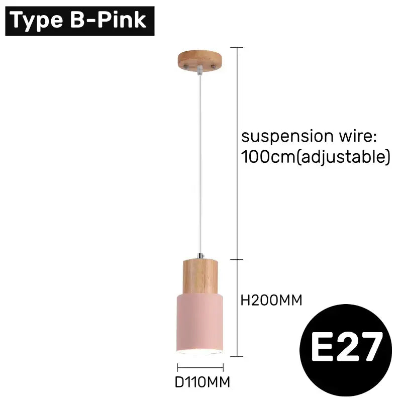 DecorBites™ pink cylindrical led pendant light with wooden accents and adjustable 100cm suspension wire for modern spaces