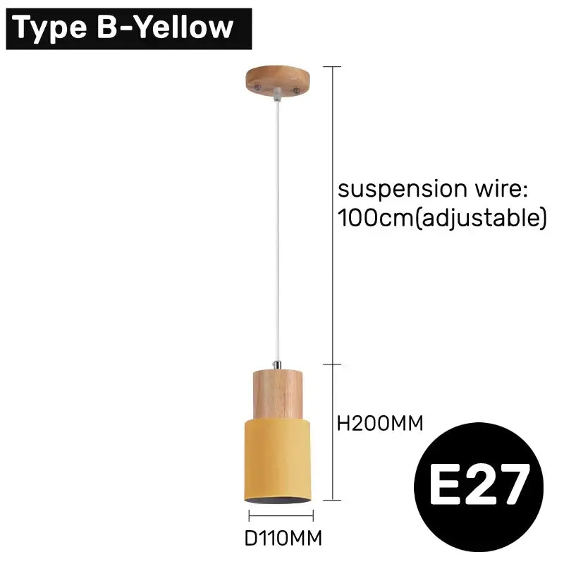 Yellow cylindrical led pendant light with wooden caps suspended by adjustable white wire for modern interiors