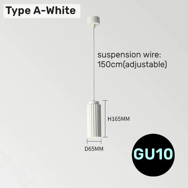 White cylindrical DecorBites led pendant light with vertical ridges and gu10 bulb base for modern minimalist spaces