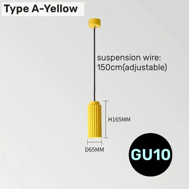 Yellow ribbed cylindrical led pendant light with adjustable suspension wire for bedroom kitchen dining room by decorbites