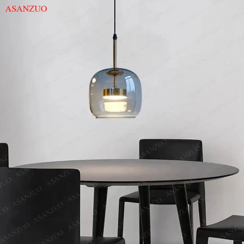 Decorbites led pendant light with blue-tinted glass and brass metal frame for modern nordic home decor lighting