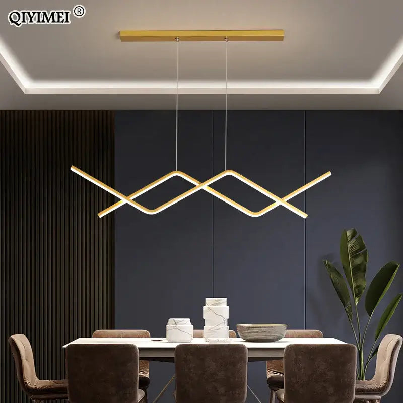 Gold-toned modern DecorBites LED pendant lights with sleek intersecting geometric design for living room and kitchen use