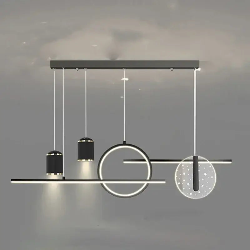Modern black and white geometric pendant lights with cylindrical shades and circular led rings by DecorBites LED pendant