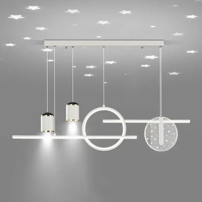 Modern white decorbites led pendant lights with geometric cylindrical and circular fixtures for home living spaces