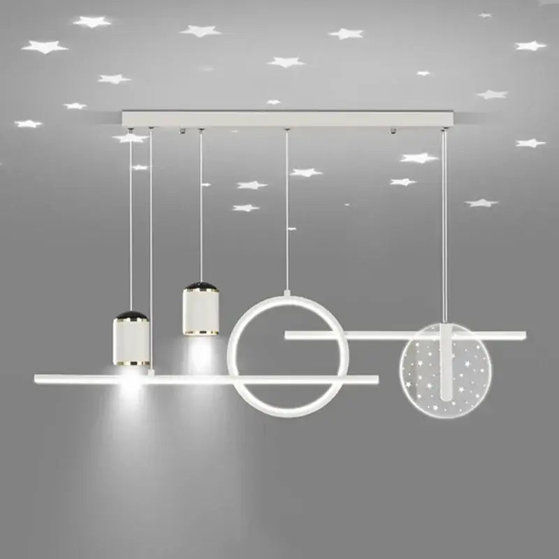 Modern white decorbites led pendant lights with geometric cylindrical and circular fixtures for home living spaces