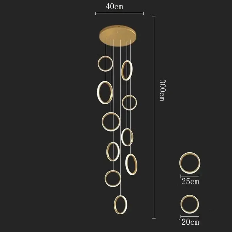 Gold-toned circular decorbites led pendant lights with varying ring sizes for modern living room and dining area lighting