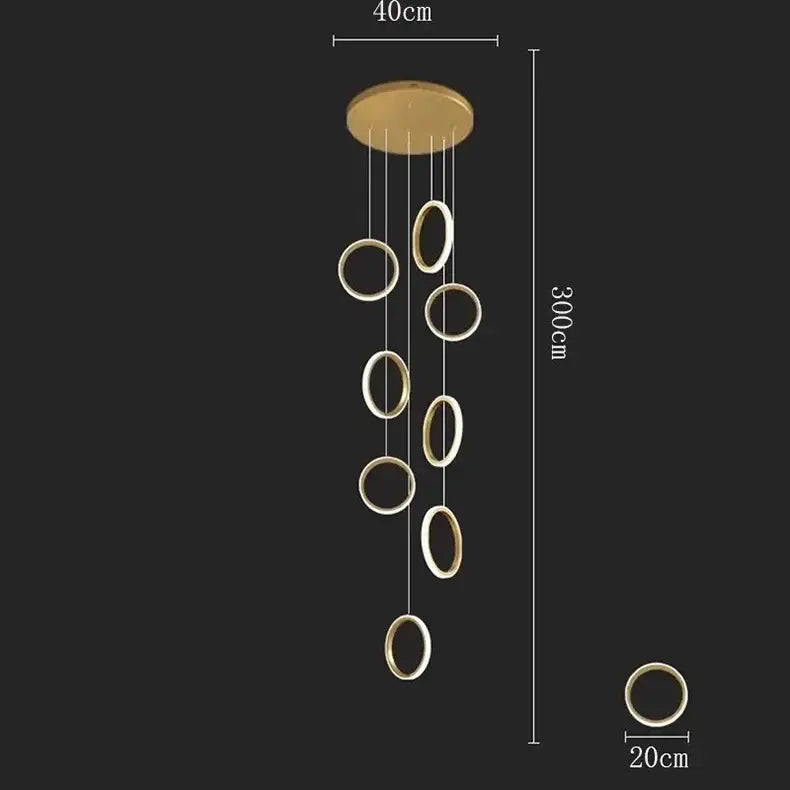 Gold-toned circular decorbites led pendant lights featuring seven rings and a 40cm ceiling mount for modern spaces