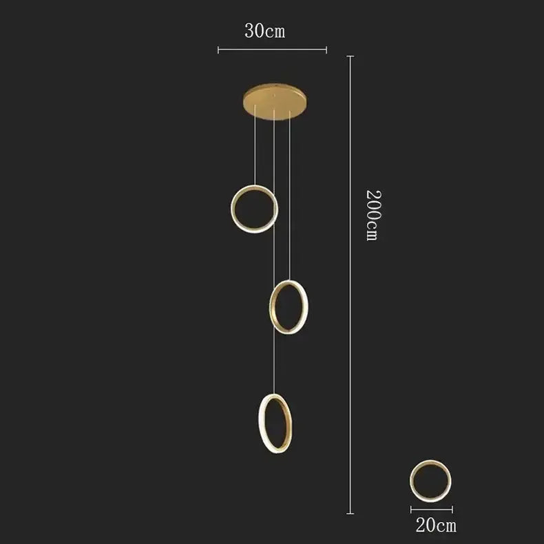 Gold-toned decorbites led pendant lights with three 20cm rings and 200cm height for modern living room use