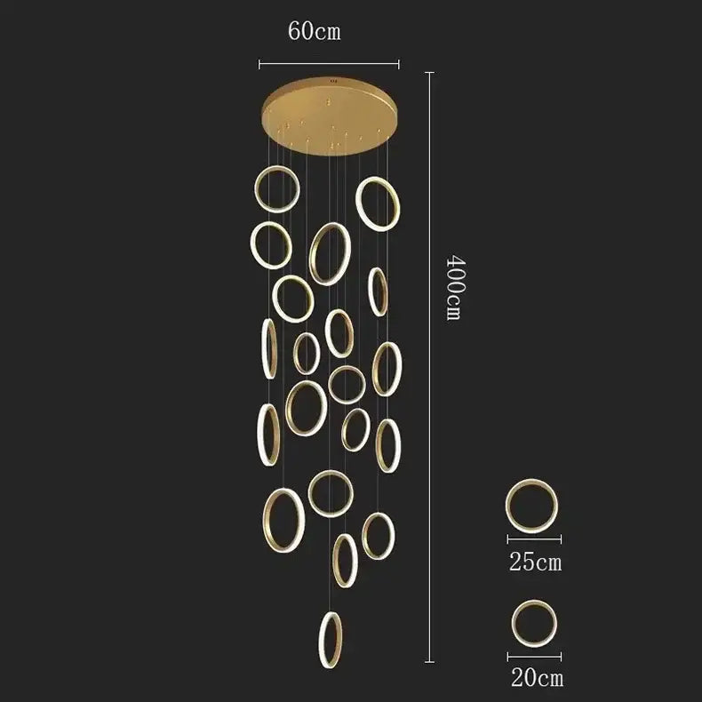 Gold-toned decorbites led pendant lights with illuminated circular rings for modern living room and dining areas