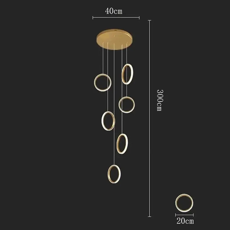Gold-toned modern decorbites led pendant lights with circular rings suspended from a central disc for living rooms