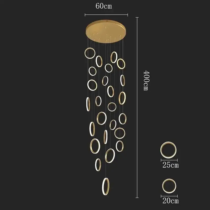 Gold-toned circular decorbites led pendant lights with varying ring sizes suspended from 60cm ceiling mount