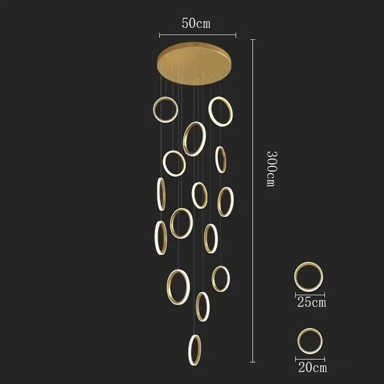 Gold-toned DecorBites LED pendant lights with multiple circular rings for modern living room and dining area lighting