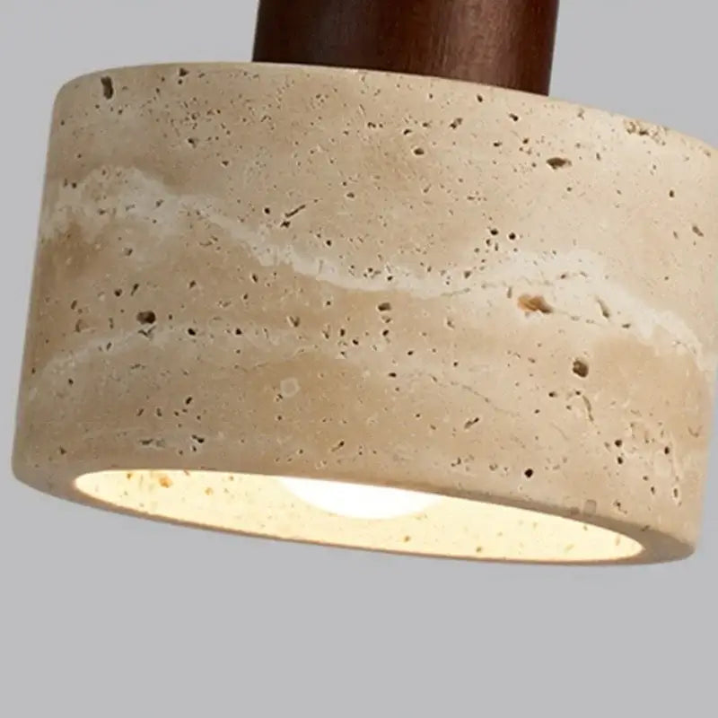 Beige concrete cylindrical decorbites led pendant light with dark wood stem for living room and kitchen lighting