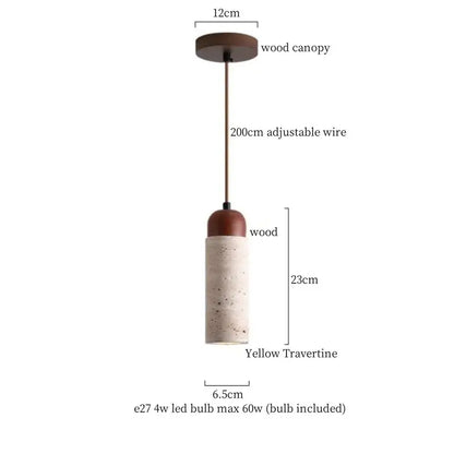 Decorbites led pendant lights featuring warm brown wood canopy and textured yellow travertine stone for modern decor