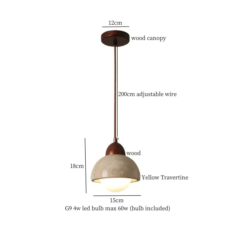 Decorbites led pendant lights with warm wood canopy and yellow travertine shade for living room and kitchen use