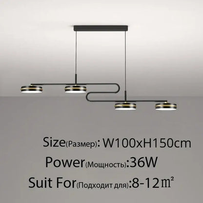 Modern black and gold decorbites led pendant lights with sleek curved metal arms and four circular led lamps for home décor