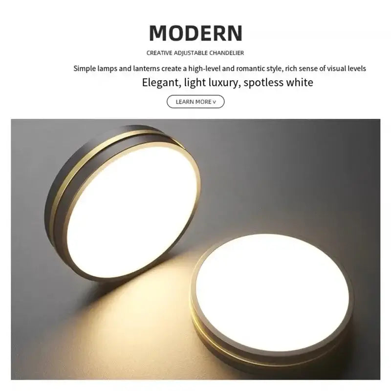 Modern circular DecorBites led pendant light with black and gold frame emitting bright white illumination for home décor