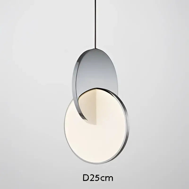 Modern minimalist decorbites led pendant light with two overlapping metallic silver and frosted white discs suspended by cord