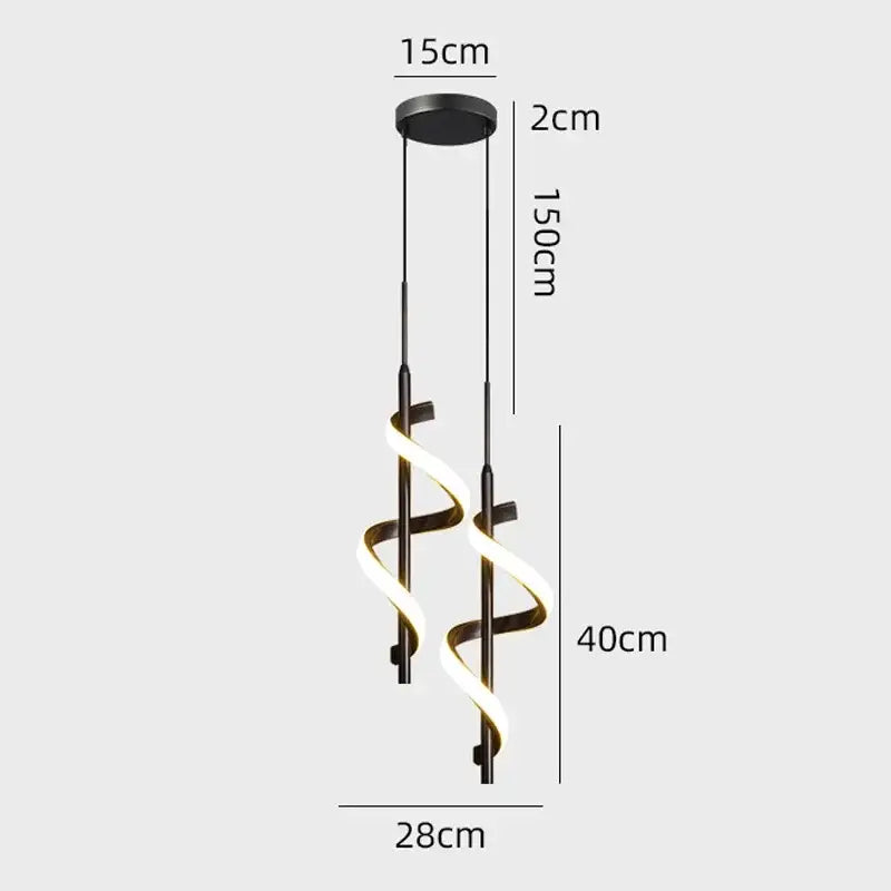 Modern black metal DecorBites LED pendant light with two glowing spiral LED arms for Nordic home decor pendant lights