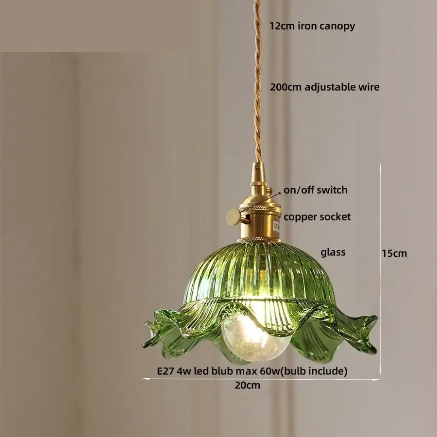 Green ribbed glass pendant light with brass-finished iron canopy and copper socket from DecorBites LED pendant lights for modern decor