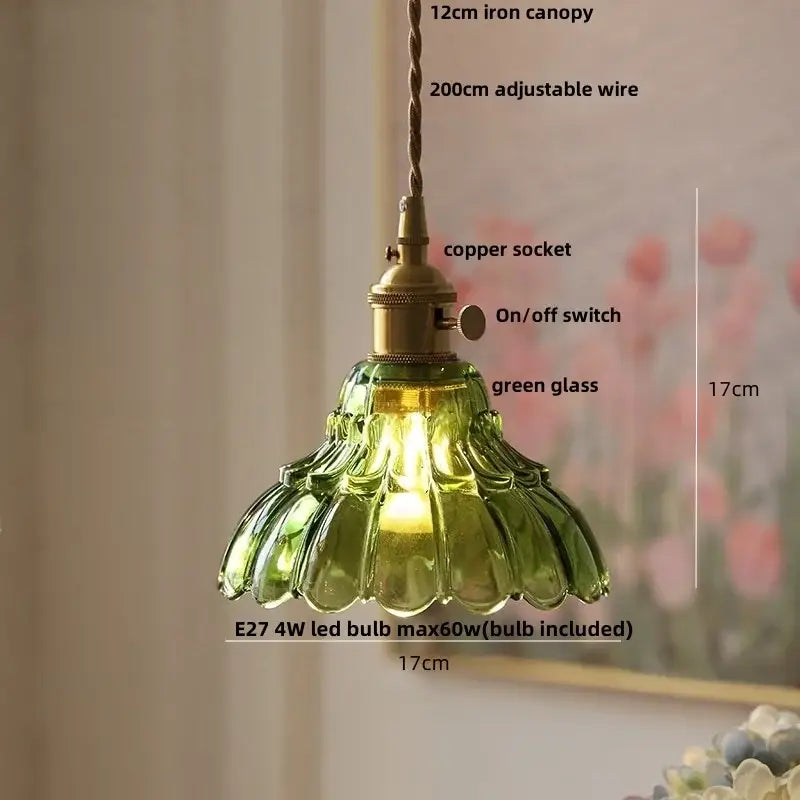 Vintage-style pendant light with green scalloped glass shade brass copper socket suspended by adjustable wire decorbites led pendant