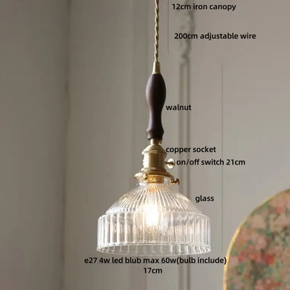 DecorBites led pendant light with clear ribbed glass shade brass copper socket and dark walnut wooden handle for modern decor