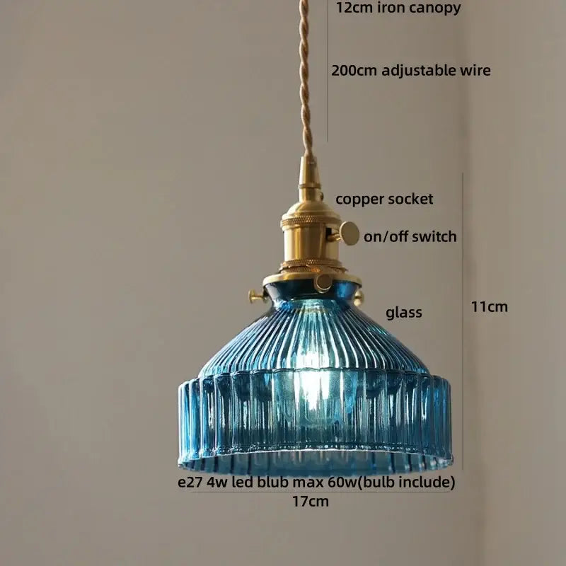 Blue ribbed glass pendant light with brass copper socket and adjustable wire suspension for modern decorbites led pendant