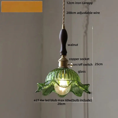 DecorBites led pendant light with green ribbed glass, walnut iron canopy, and copper socket for modern decor