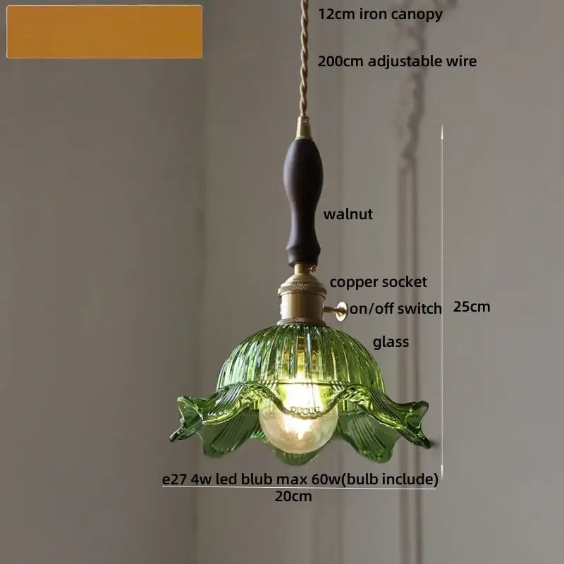 DecorBites led pendant light with green ribbed glass, walnut iron canopy, and copper socket for modern decor