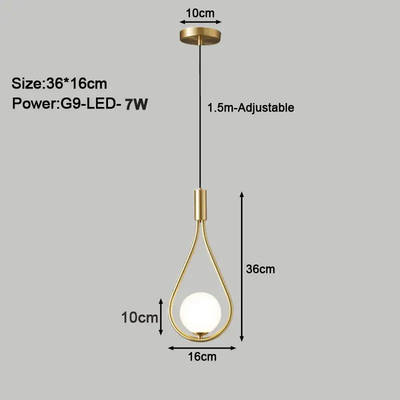 Gold-toned teardrop decorbites led pendant light with frosted glass globe and adjustable chain for modern interiors