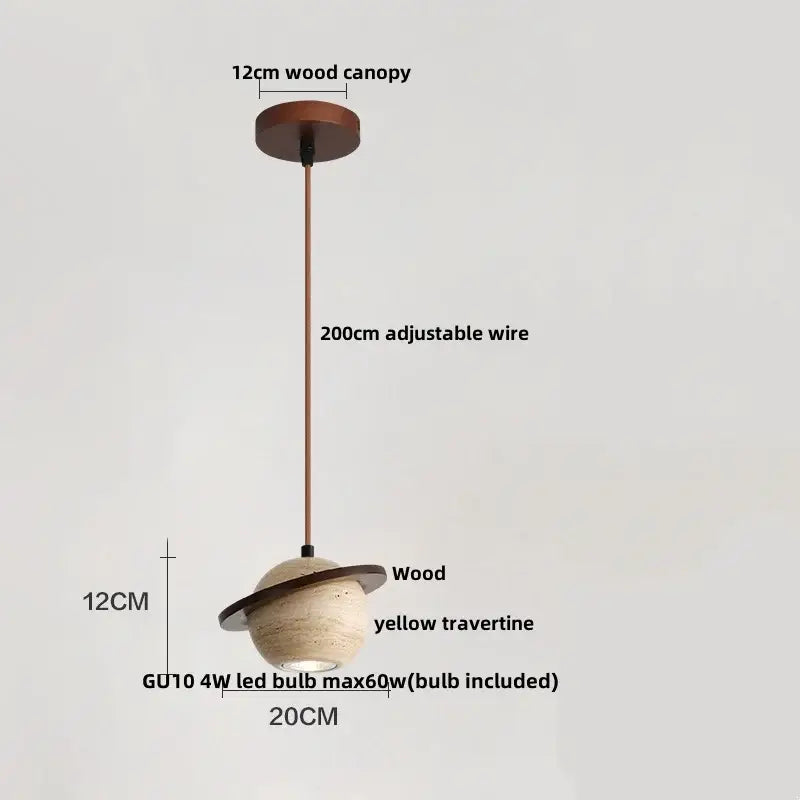 Decorbites led pendant lights featuring a rustic yellow stone globe with wood canopy and adjustable copper wire