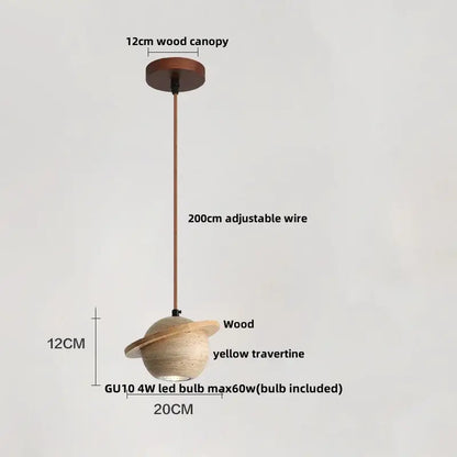 Rustic decorbites led pendant light with yellow travertine stone globe wood ring and adjustable copper wire canopy