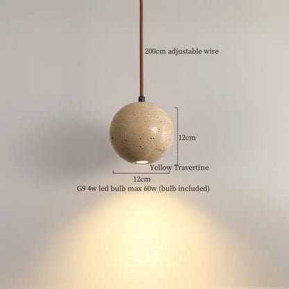 Decorbites led pendant spherical yellow travertine stone light fixture suspended by adjustable 200cm wire