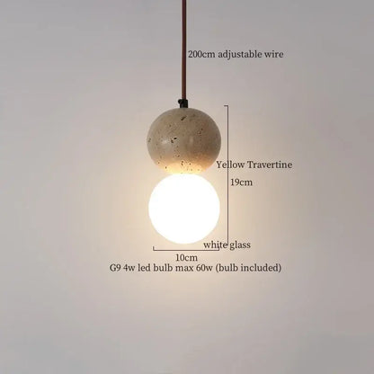 Yellow travertine sphere pendant light with white glass globe by DecorBites LED pendant lights for vintage decor