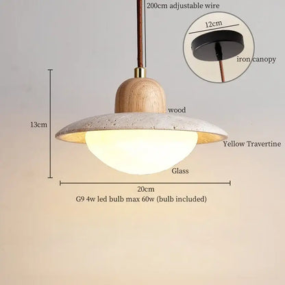 Decorbites led pendant lights featuring a yellow travertine shade, wooden top, and gold metal accents for bedroom lighting