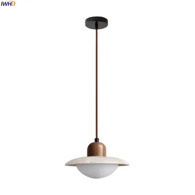 Decorbites led pendant lights with matte black mount bronze rod and wooden accent supporting off-white frosted glass shade