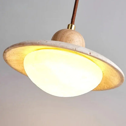 Decorbites led pendant light with yellow travertine wood base concrete ring and opalescent glass shade for bedroom dining room