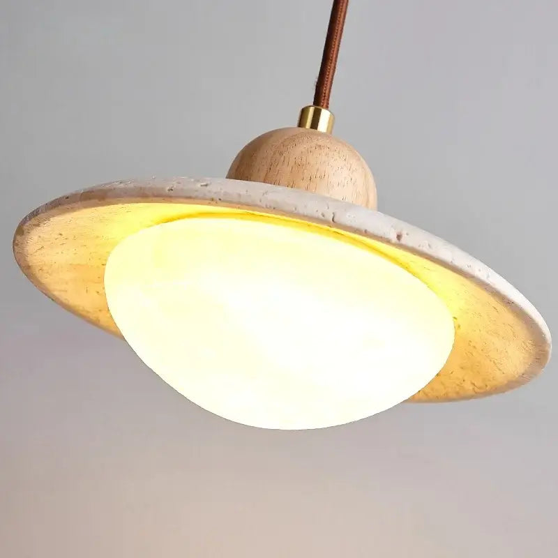 Decorbites led pendant light with yellow travertine wood base concrete ring and opalescent glass shade for bedroom dining room