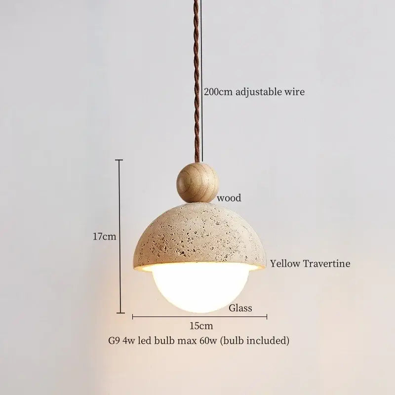 Modern decorbites led pendant lights with yellow travertine dome, wooden sphere, and glass diffuser for dining room