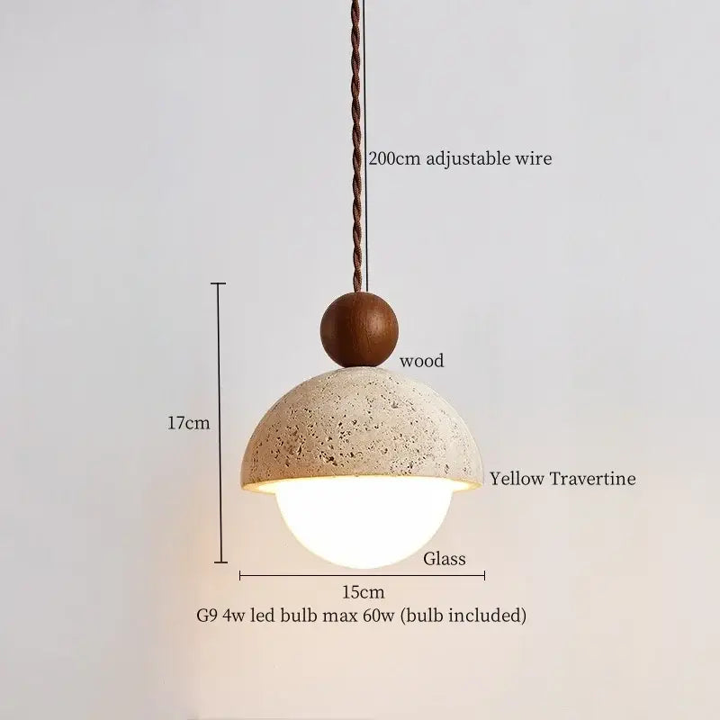 DecorBites led pendant lights featuring a yellow travertine dome with wooden sphere and glass bulb for dining rooms